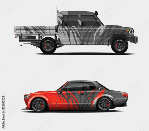 Custom Car and Truck Designs with Abstract Gray and Orange Stripes