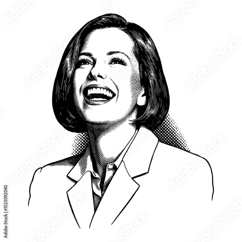 Independent Woman in Suit Laughing Expressively Black and White Outline Line Art Drawing