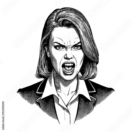 Independent Woman in Suit with Very Angry Wrathful Expression Black and White Outline Line Art Drawing