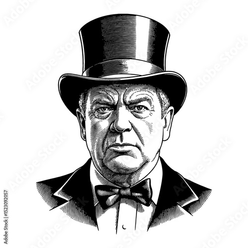 Man with Expressive Angry Wrathful Face in Vintage Suit Top Hat Black and White Outline Line Art Drawing