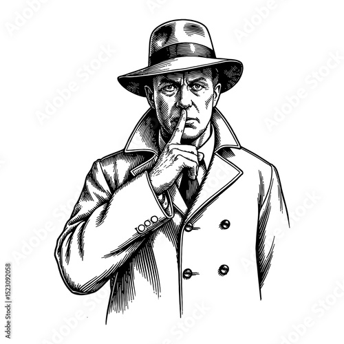 Man with Detective Suit Doing Silent Be Quite Gesture with Finger on Lips Black and White Outline Line Art Drawing