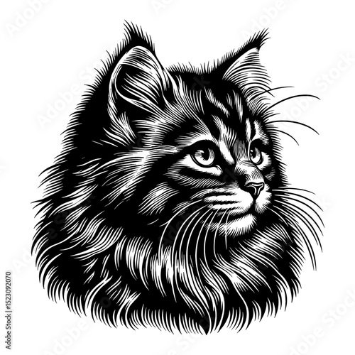 Fluffy Siberian Kitten Head Looking Side in Detailed Vintage Black and White Outline Line Art Drawing