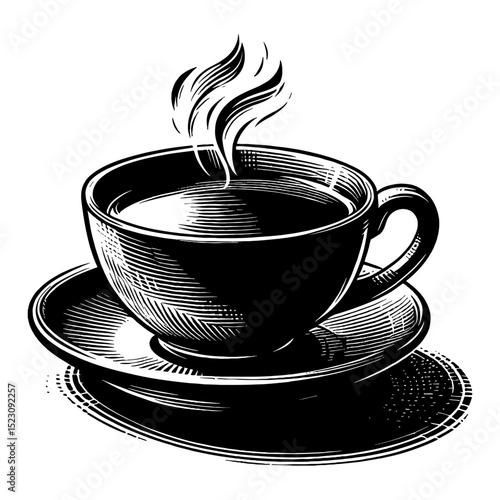 A Cup of Hot Coffee or Tea with Steam on Saucer Black and White Outline Line Art Drawing