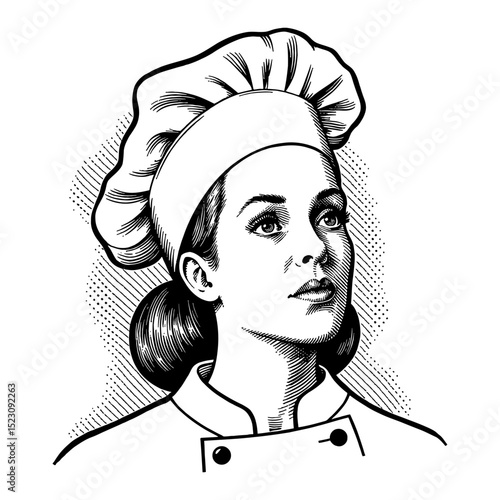 Professional Woman Chef with Hat Showing Disappointed Expression Looking Up Black and White Outline Line Art Drawing