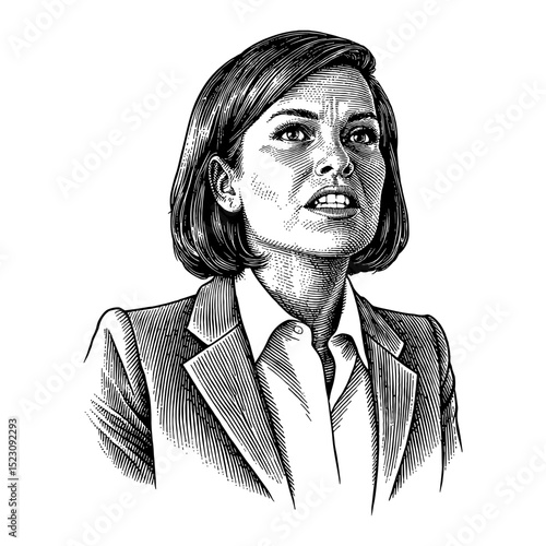 Independent Businesswoman in Formal Suit with Intense Angry Wrathful Expression Black and White Outline Line Art Drawing