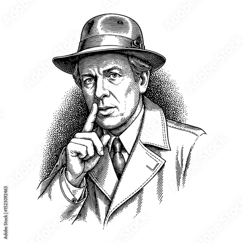 Man in Detective Suit Doing Silent Be Quite Gesture with Finger on Lips Black and White Outline Line Art Drawing