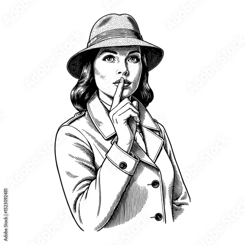 Woman in Detective Suit Making Silent Be Quite Gesture with Finger on Lips Black and White Outline Line Art Drawing