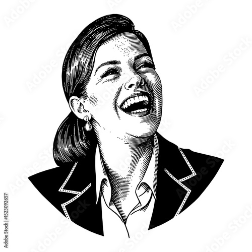 Independent Woman in Suit Laughing Expressively Looking Up Black and White Outline Line Art Drawing