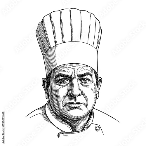 Mature Man Chef Wearing Tall Hat Featuring Disappointed Expression Black and White Outline Line Art Drawing