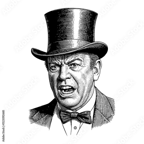Expressive Very Angry Wrathful Man Face in Vintage Suit Top Hat Black and White Outline Line Art Drawing