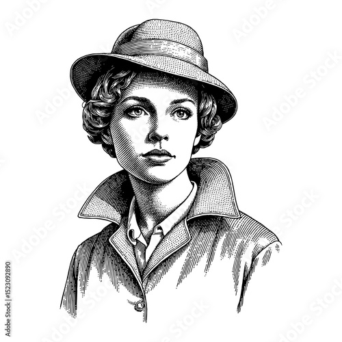 Woman with Very Sad Face Wearing Vintage Detective Suit Black and White Outline Line Art Drawing