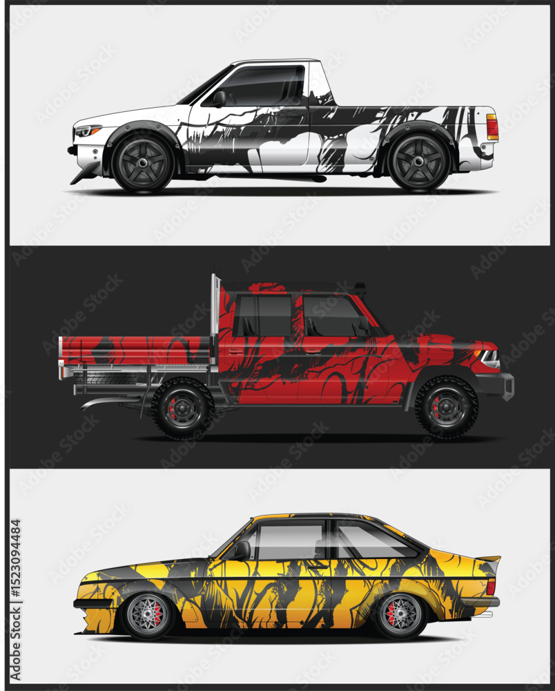 Naklejka premium Three Custom Car Wraps Designs with Abstract Patterns