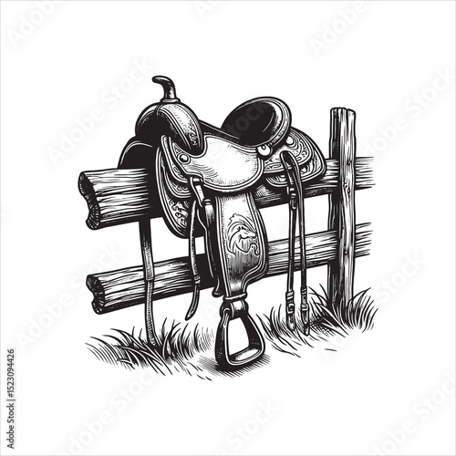 Western Saddle on Fence – Vintage Cowboy Culture Line Art