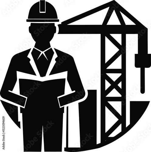 Silhouette of Construction Engineer Holding Blueprint. Architecture and Site Planning Vector Illustration