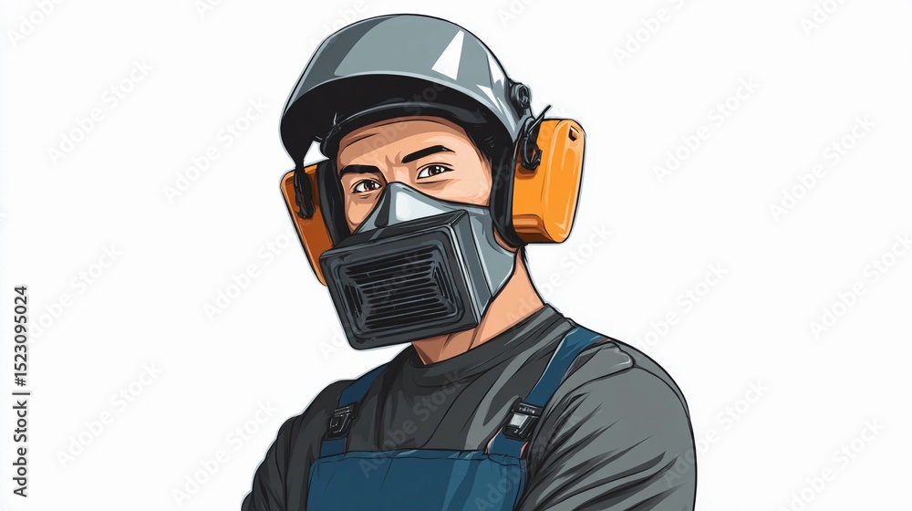 Naklejka premium Industrial welder captured in action, with mask and gloves, symbolizing safety, metalwork, and craftsmanship.