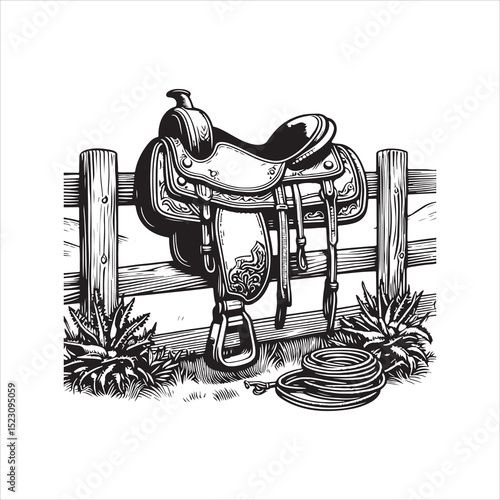 Western Saddle on Fence – Vintage Cowboy Culture Line Art