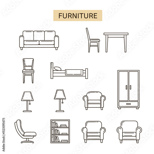 Furniture Illustration: A comprehensive collection of essential furniture, meticulously illustrated in a clean, linear style, perfect for interior design concepts.