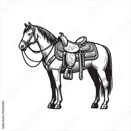 Western Saddle on Fence – Vintage Cowboy Culture Line Art