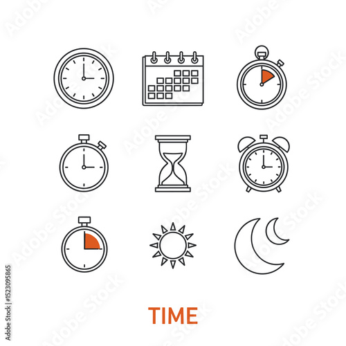 Timeless Icons: A minimalist illustration presents a collection of time-related icons, symbolizing the essence of punctuality and organization in a visually engaging composition.