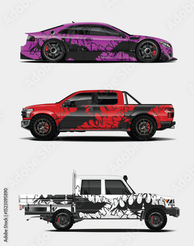 Three Unique Vehicles with Abstract Graffiti Wraps