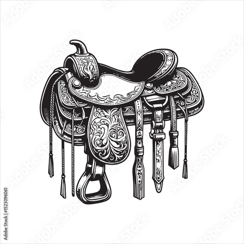 Western Saddle on Fence – Vintage Cowboy Culture Line Art