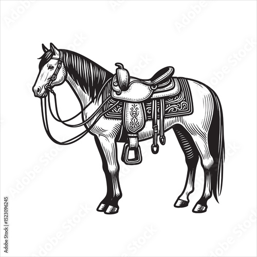 Western Saddle on Fence – Vintage Cowboy Culture Line Art