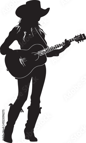 Cowgirl Playing Guitar Silhouette Vector Illustration on Transparent Background