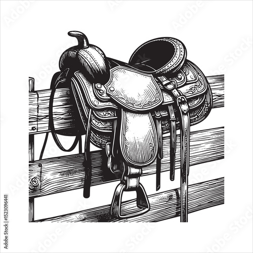 Western Saddle on Fence – Vintage Cowboy Culture Line Art