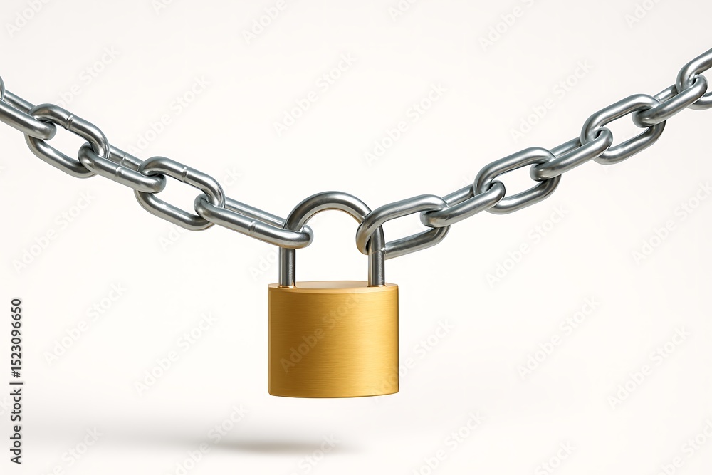 Golden lock and shiny chain symbolizing security and protection Golden lock and shiny chain symbolizing security and protection