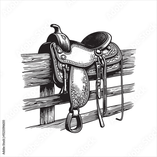 Western Saddle on Fence – Vintage Cowboy Culture Line Art