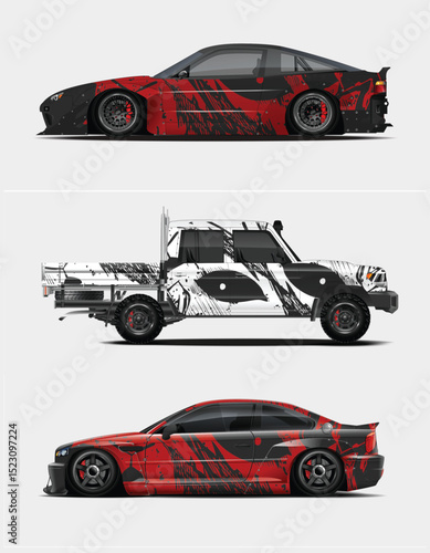 Three Unique Car Wrap Designs Red Black White Abstract