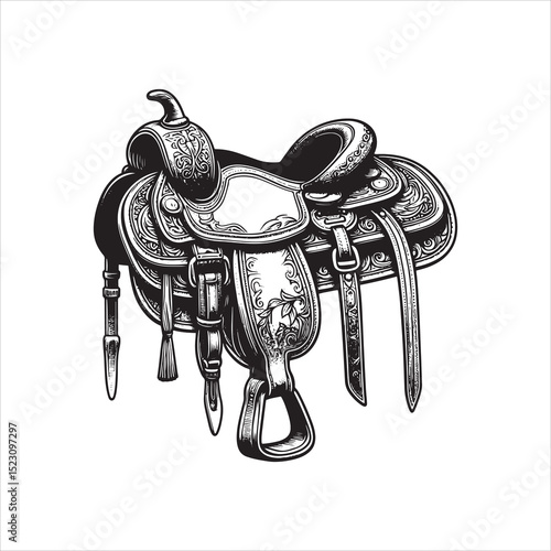 Western Saddle on Fence – Vintage Cowboy Culture Line Art