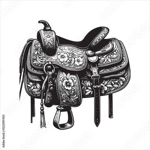 Western Saddle on Fence – Vintage Cowboy Culture Line Art