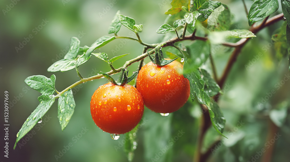 Obraz premium Ripe juicy red tomatoes in water droplets hanging on a branch with green leaves. Gardening