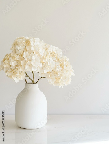 White vase with a bunch of white hydrangea flowers in it. the vase is sitting on a white surface with a plain white wall in the background.