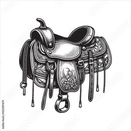 Western Saddle on Fence – Vintage Cowboy Culture Line Art