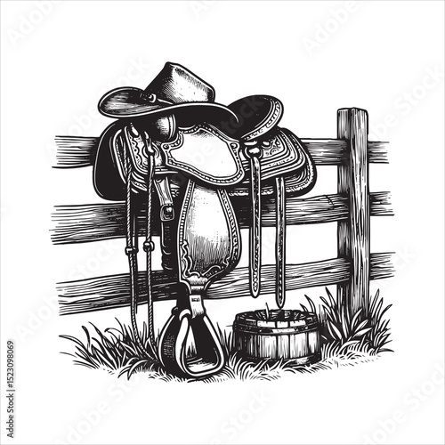 Western Saddle on Fence – Vintage Cowboy Culture Line Art
