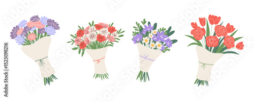 Set of beautiful vector bouquets of fresh spring and summer flowers. Perfect for celebrations, holidays and ideal for cards, invitations, decorations or sticker. Trendy flat hand drawn style.