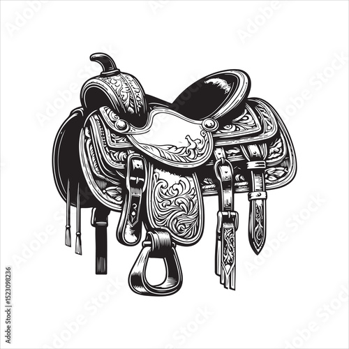 Western Saddle on Fence – Vintage Cowboy Culture Line Art