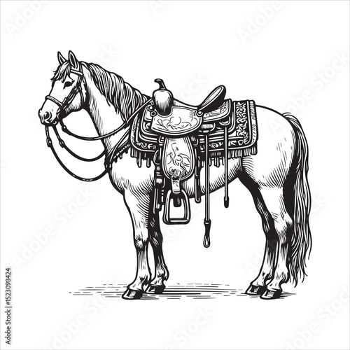 Western Saddle on Fence – Vintage Cowboy Culture Line Art