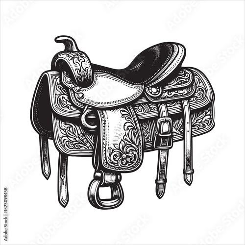 Western Saddle on Fence – Vintage Cowboy Culture Line Art