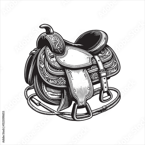 Western Saddle  – Vintage Cowboy Culture Line Art
