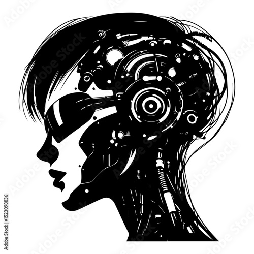 Black and white silhouette of a cyborg woman's head in profile on a white isolated background. Vector graphics. EPS.