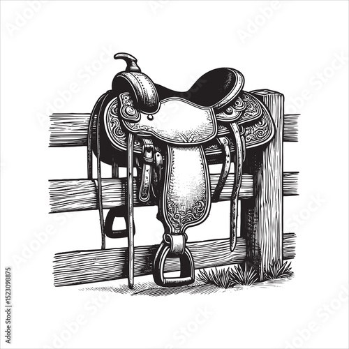 Western Saddle on Fence – Vintage Cowboy Culture Line Art