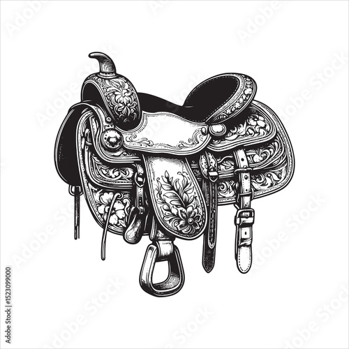 Western Saddle on Fence – Vintage Cowboy Culture Line Art