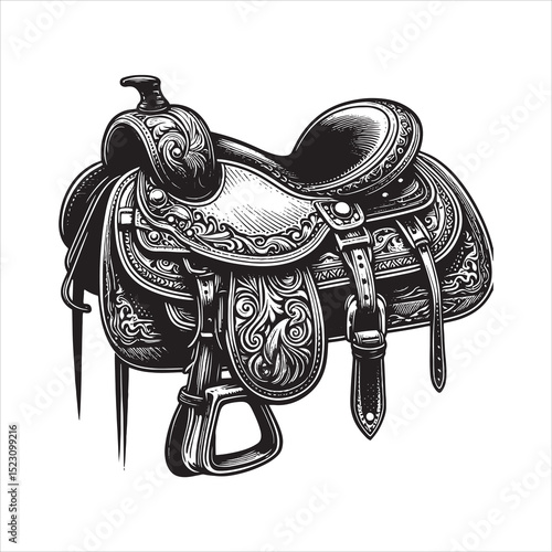 Western Saddle on Fence – Vintage Cowboy Culture Line Art