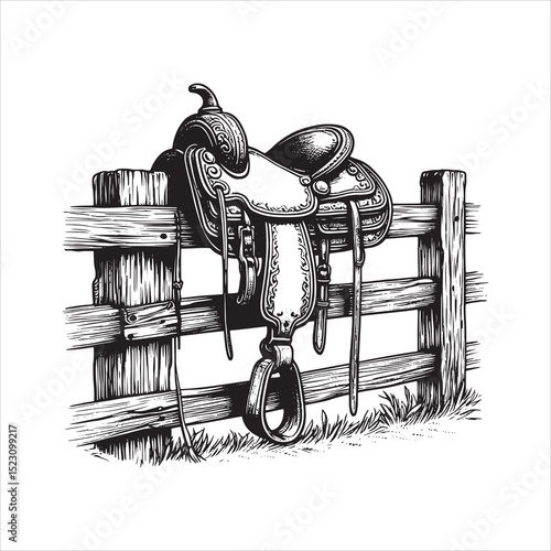 Western Saddle on Fence – Vintage Cowboy Culture Line Art