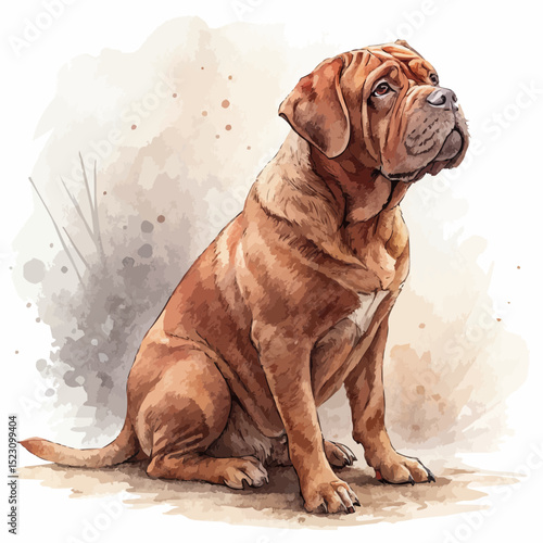  Dogue de Bordeaux dog calm sitting against a muted natural background