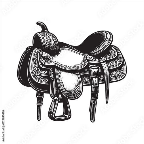 Western Saddle on Fence – Vintage Cowboy Culture Line Art