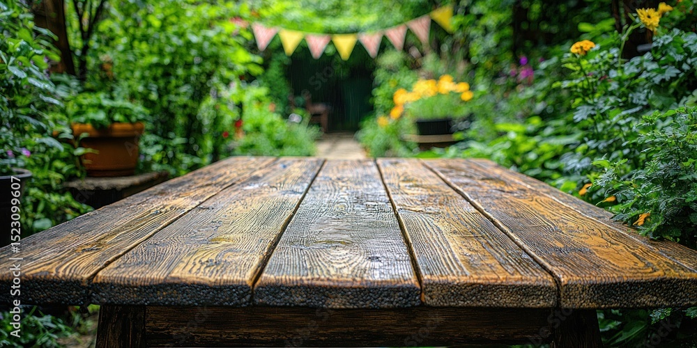 Fototapeta premium Rustic wooden table in a garden setting